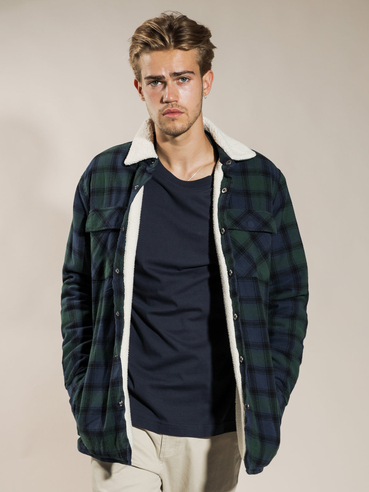 Micah Sherpa Jacket in Forest Plaid