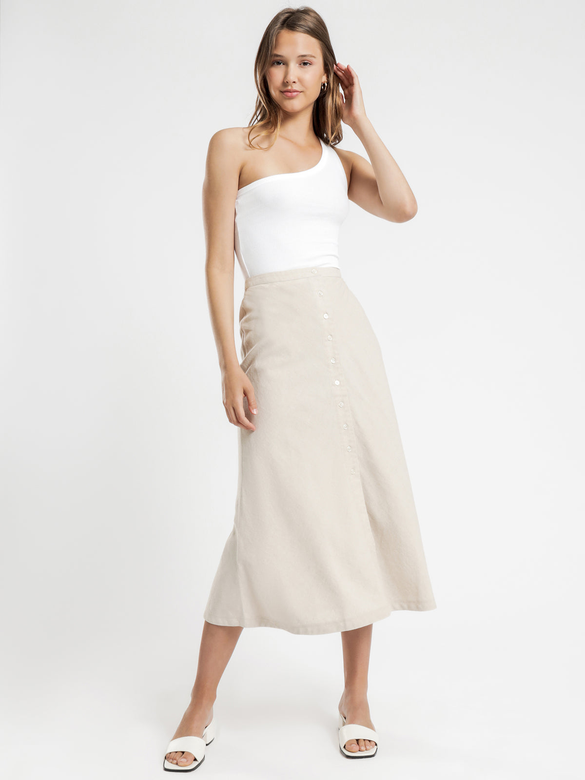 Drew Linen Midi Skirt in Oat