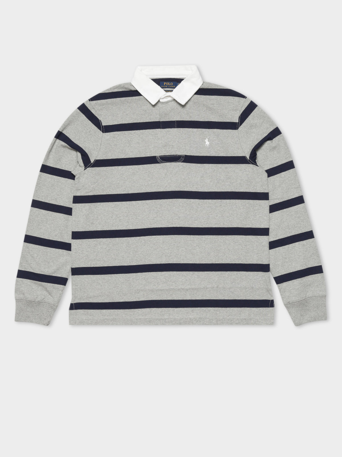 Long Sleeve Rugby Shirt in Grey &amp; Navy Stripe