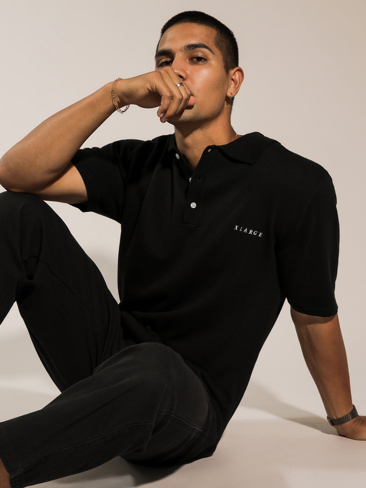Capital Knitted Short Sleeve Polo in Black