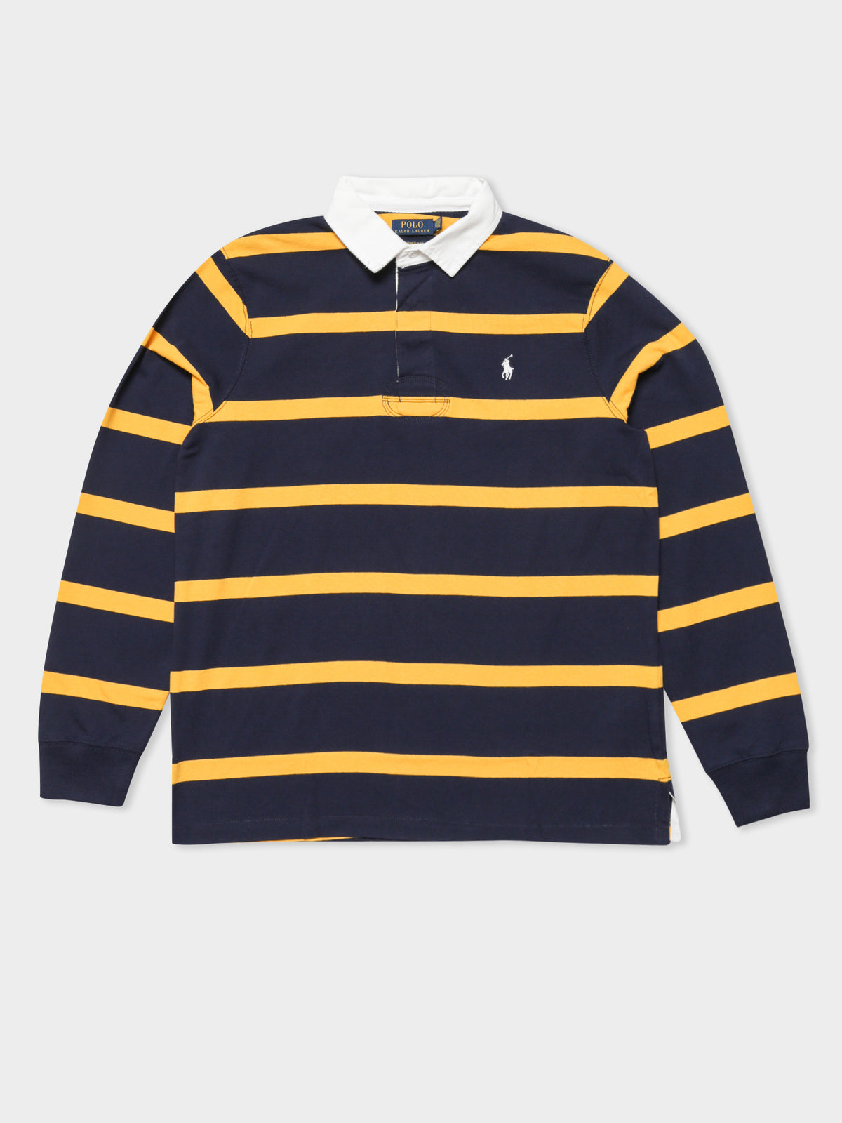 Narrow Stripe Rugby Shirt in Newport Navy &amp; Gold Bugle Stripe