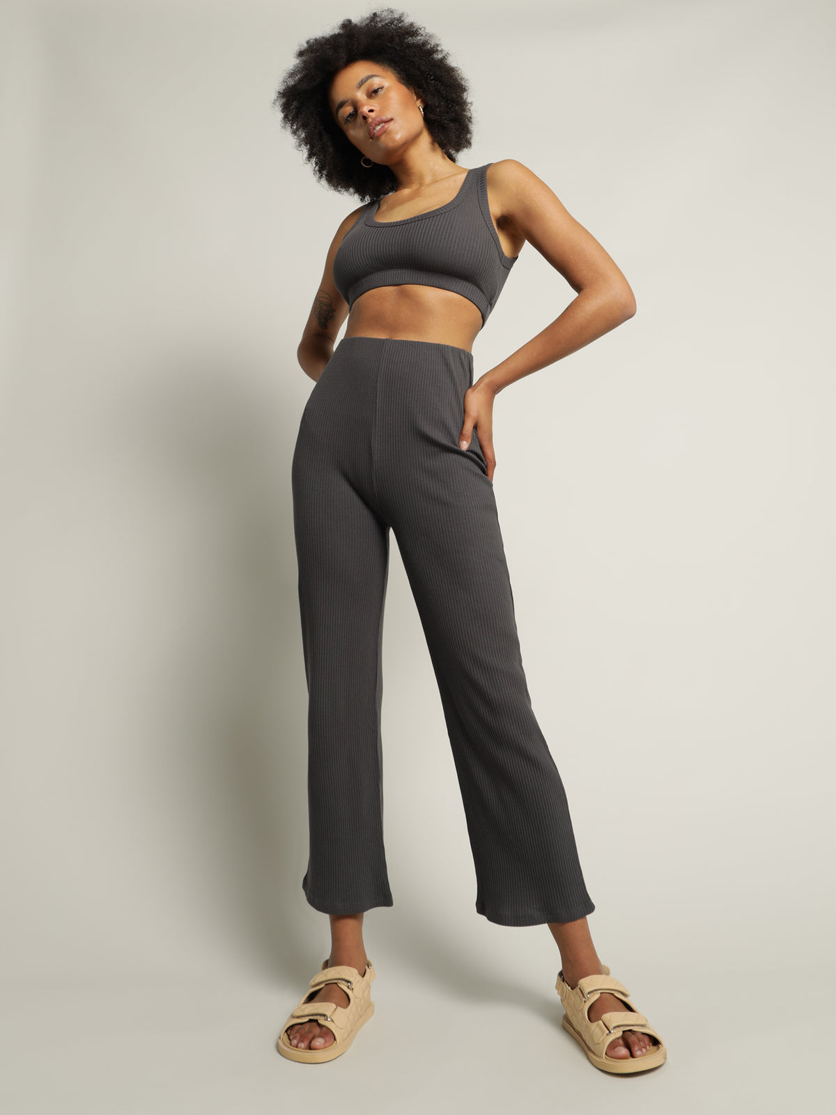 Ribbed Lounge Culotte Pants in Coal