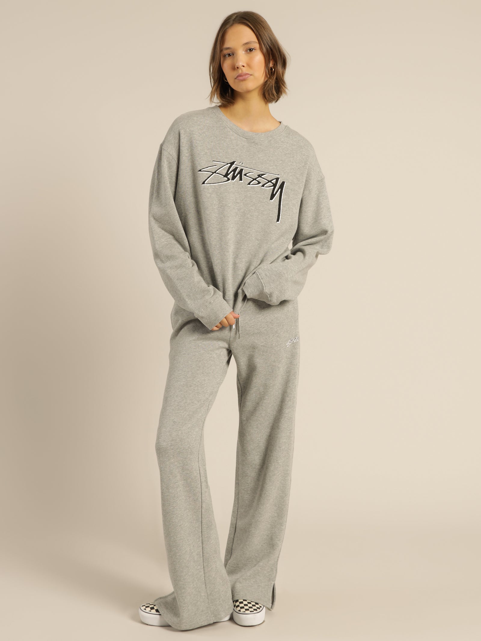 Stussy Shadow Script Wide Track Pants Grey Marle