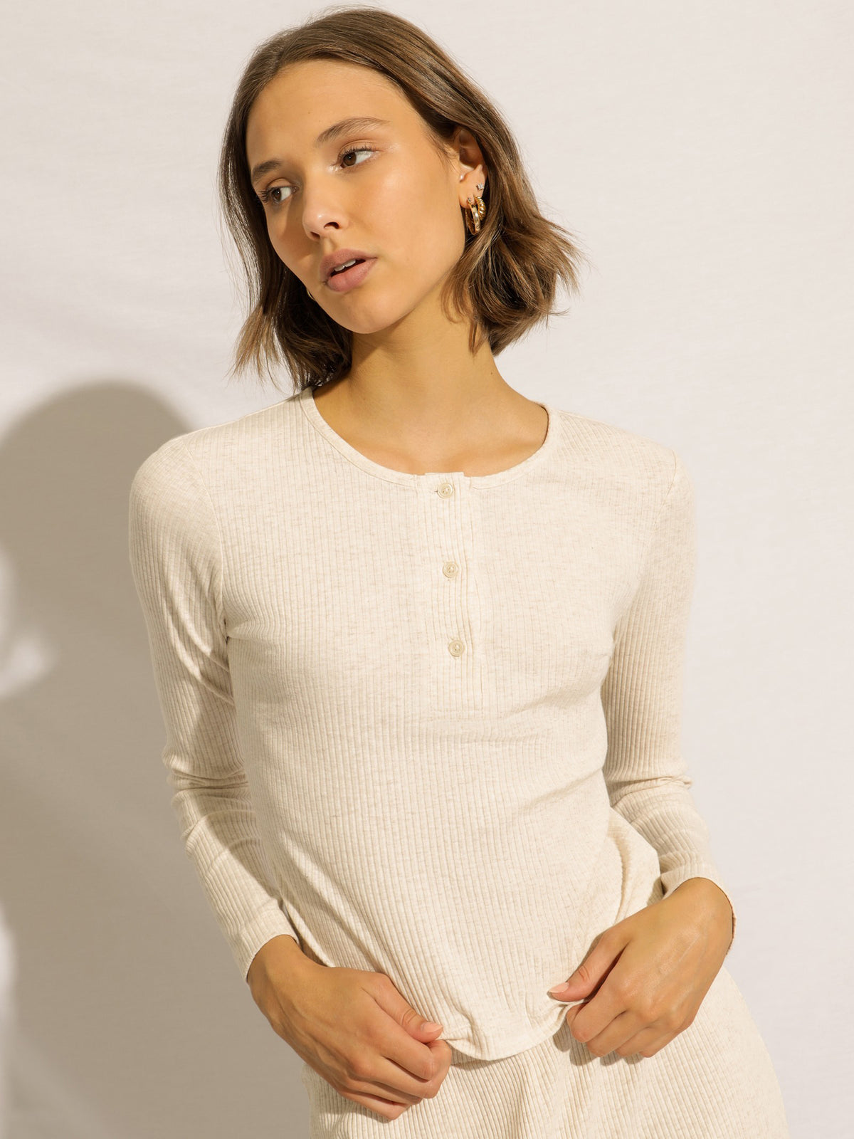 Nude Lounge Ribbed Long Sleeve T-Shirt in Cream Marle
