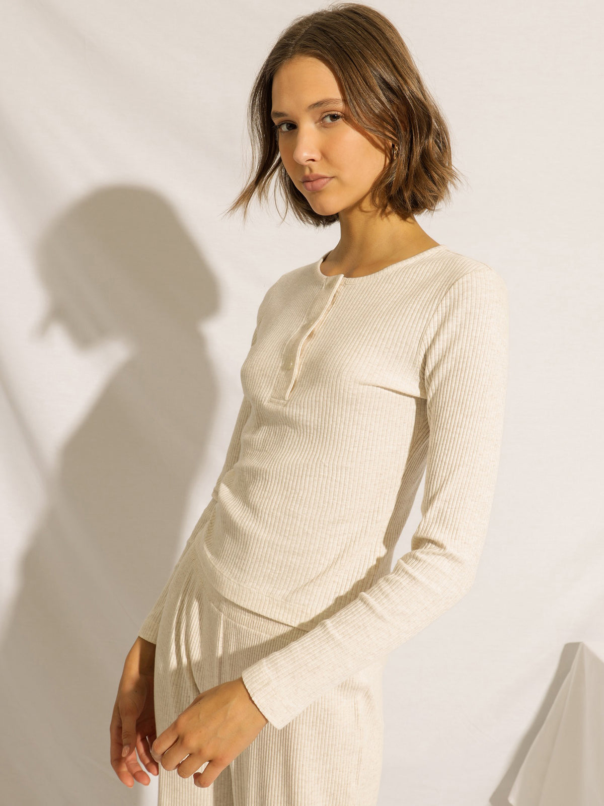 Nude Lounge Ribbed Long Sleeve T-Shirt in Cream Marle