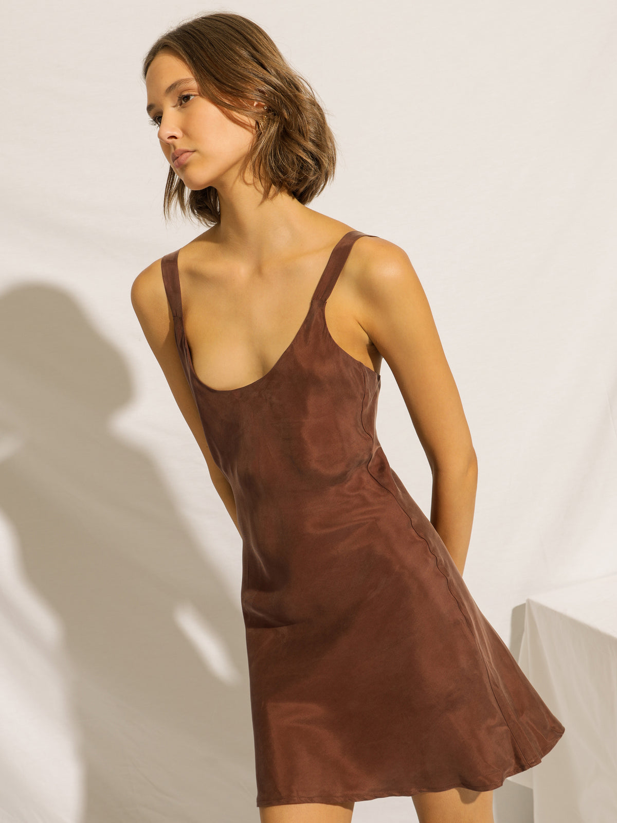 Harlow Cupro Mini Dress in Clove Brown