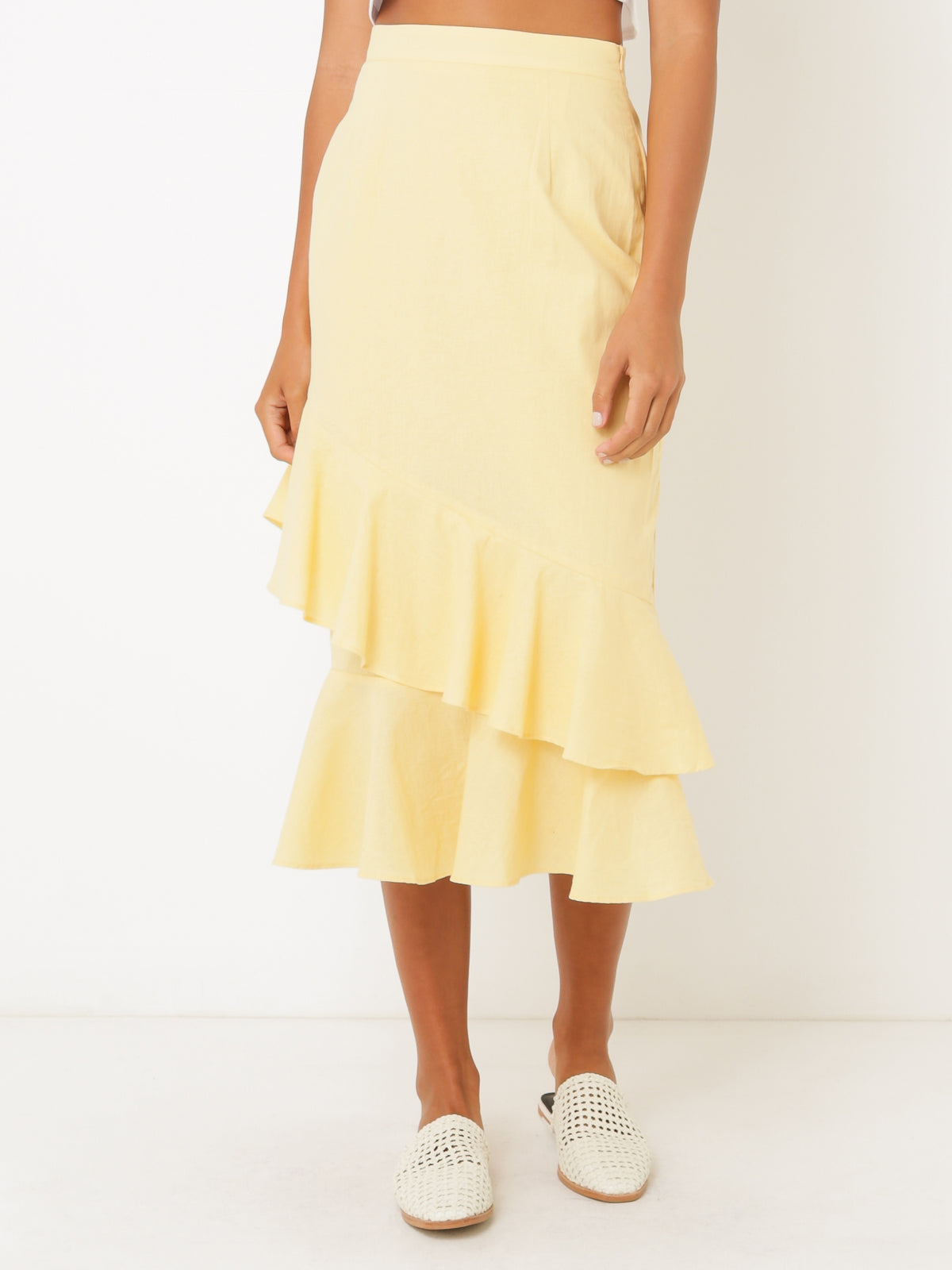 Inez Midi Skirt in Yellow Linen
