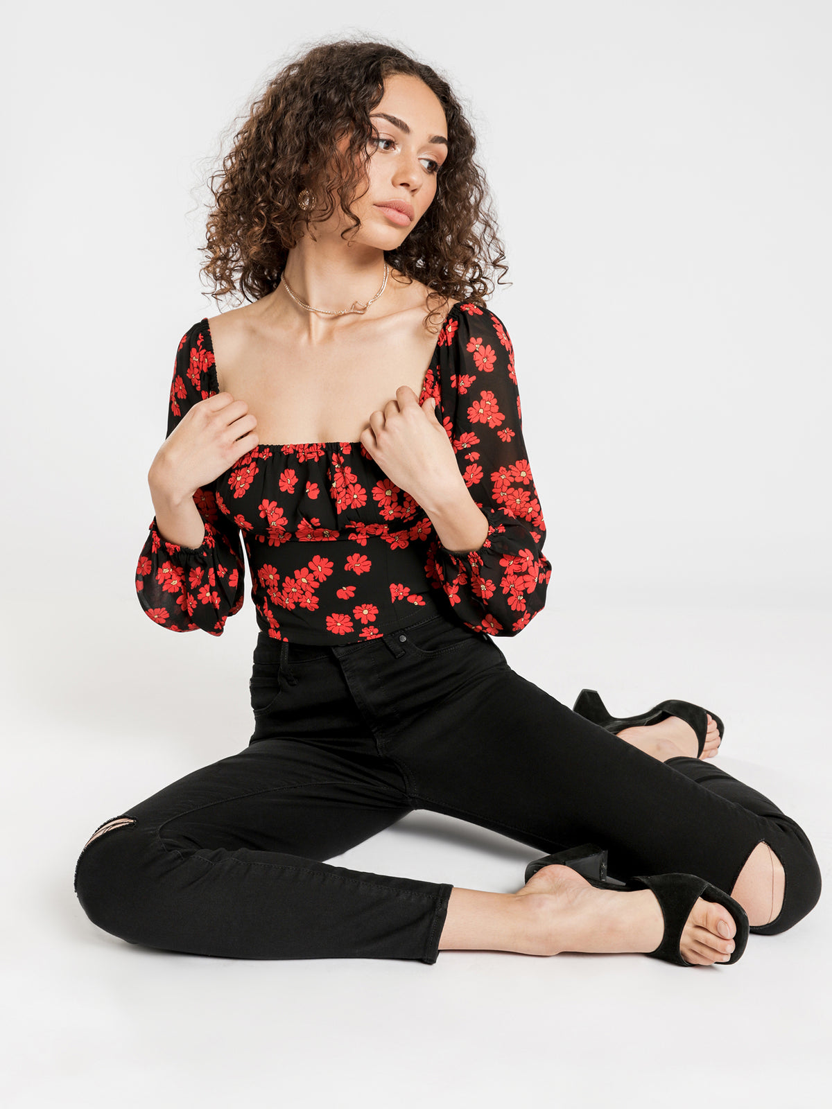 Evelyn Top in Red &amp; Black Floral