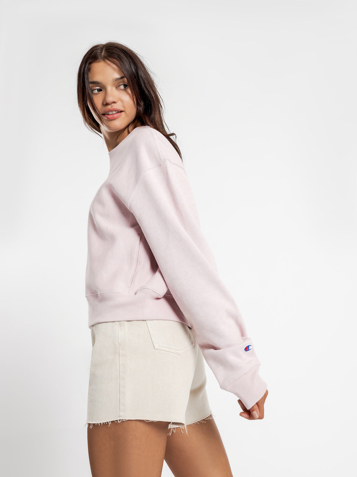Reverse Weave Overdyed Crew Jumper in Hush Pink