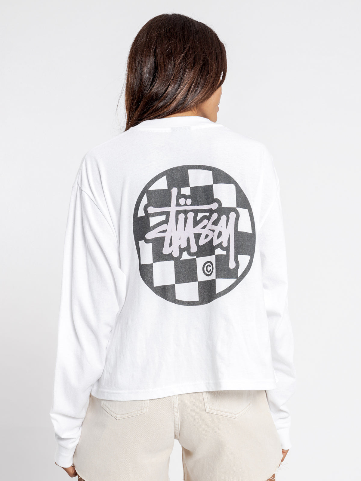 Chequer Long Sleeve Dot T-Shirt in White