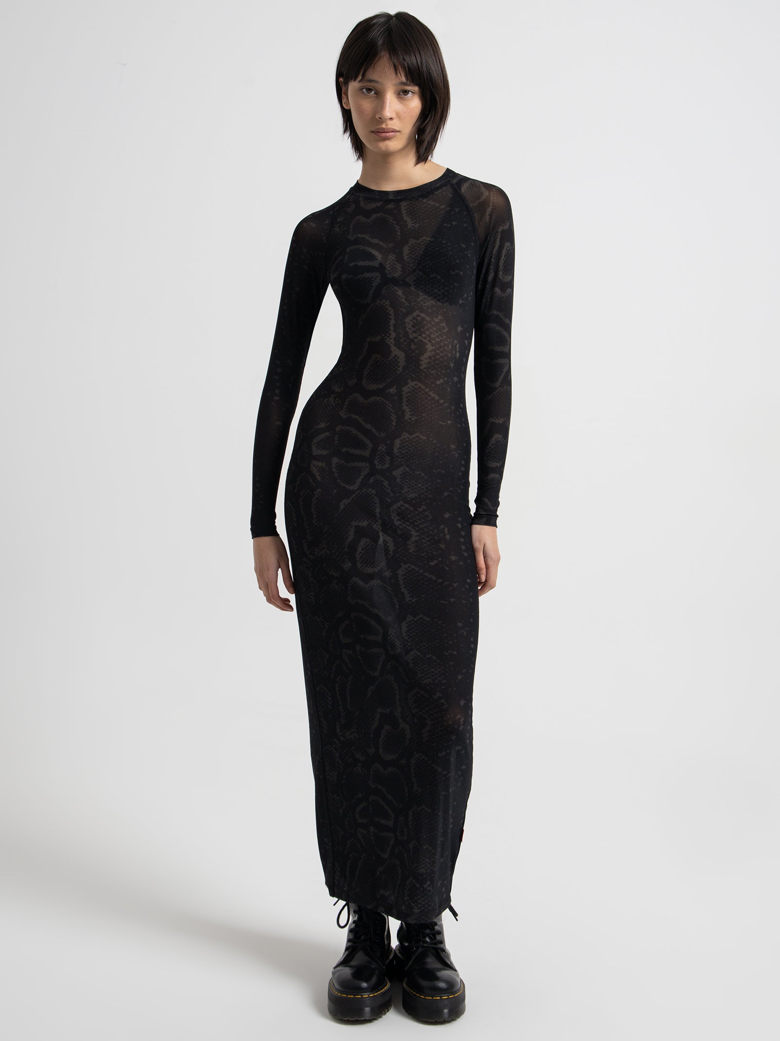 Worship Viper Long Sleeve Mesh Maxi Dress Washed Black