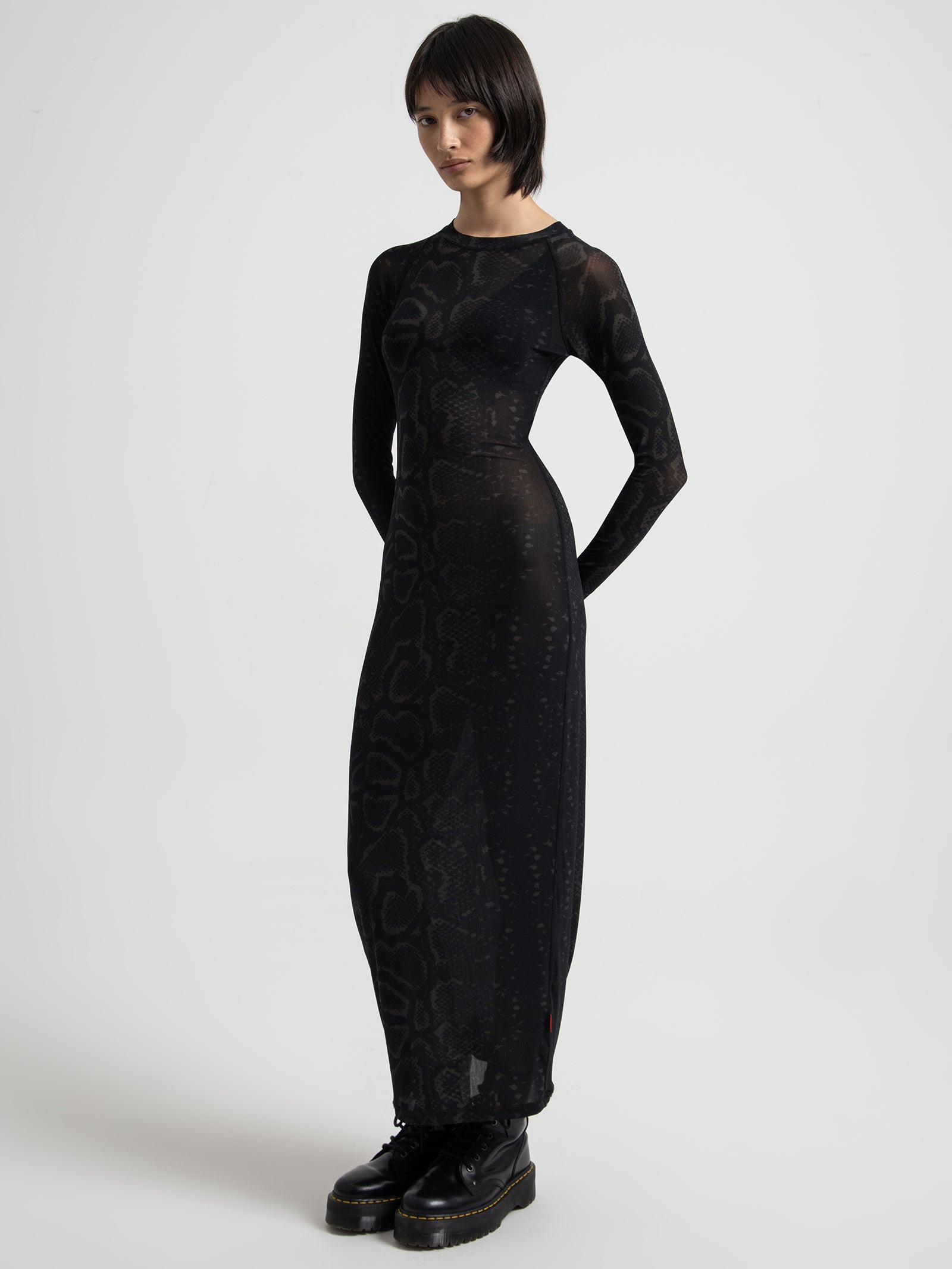 Viper Long Sleeve Mesh Maxi Dress in Washed Black