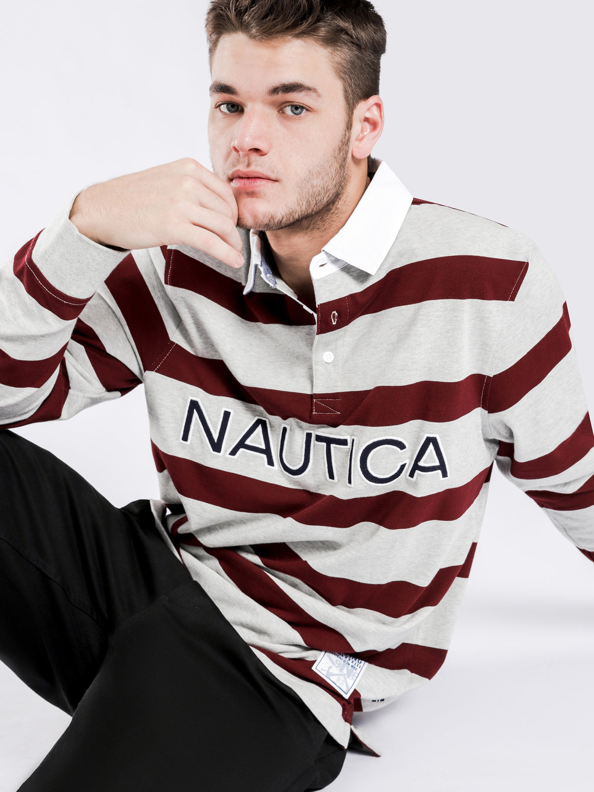 Essential Stripe Long Sleeve Rugby Polo in Grey &amp; Burgundy