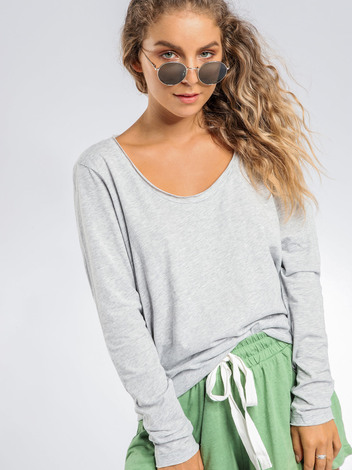 Quinn Scoop Neck Long Sleeve T-Shirt in Grey Marle
