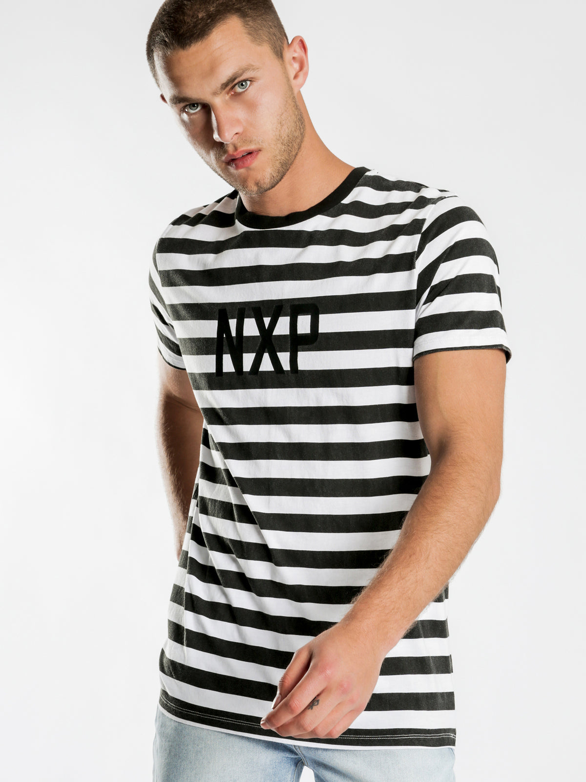 Break Cape Back T-Shirt in  Black &amp; White Stripe
