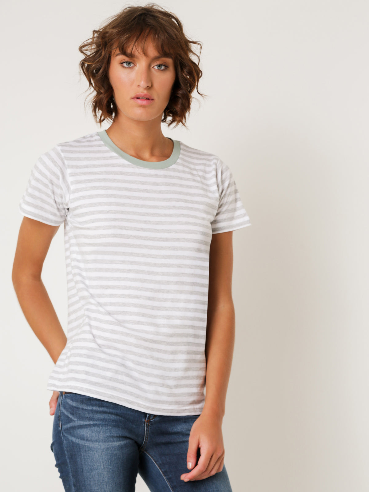 Monroe Ringer T-Shirt in Grey &amp; White Stripe