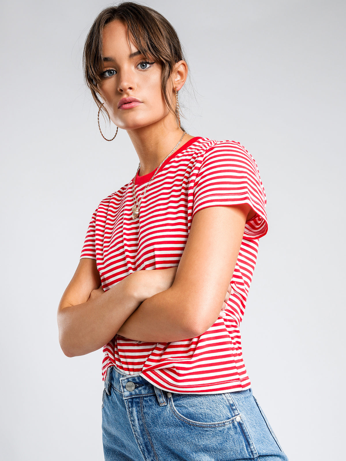 Gracie Ringer Update T-Shirt in Vermillion Red &amp; White Stripe