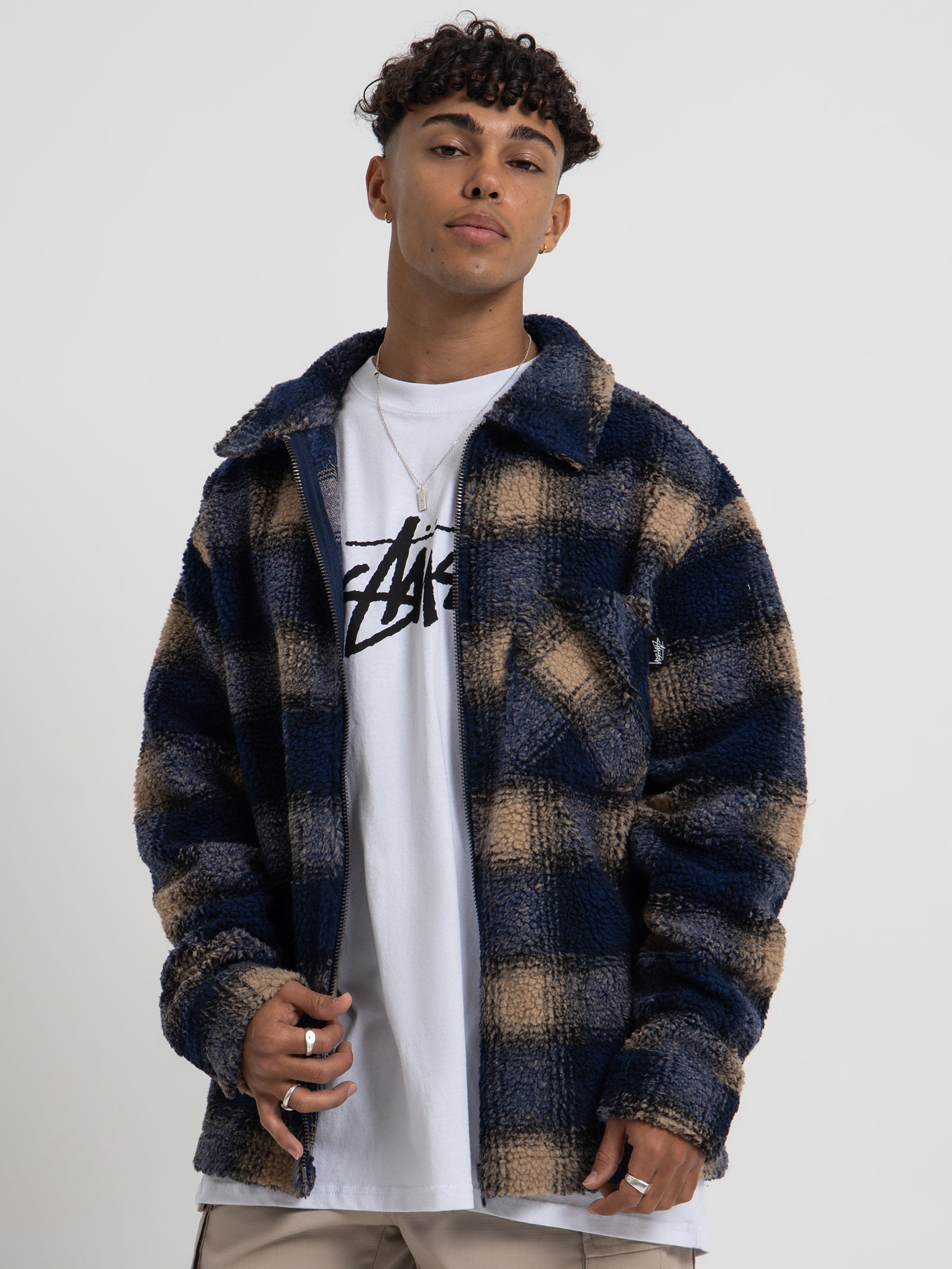 Stussy Shadow Plaid Sherpa Zip Shirt in Navy Navy | Glue Store 