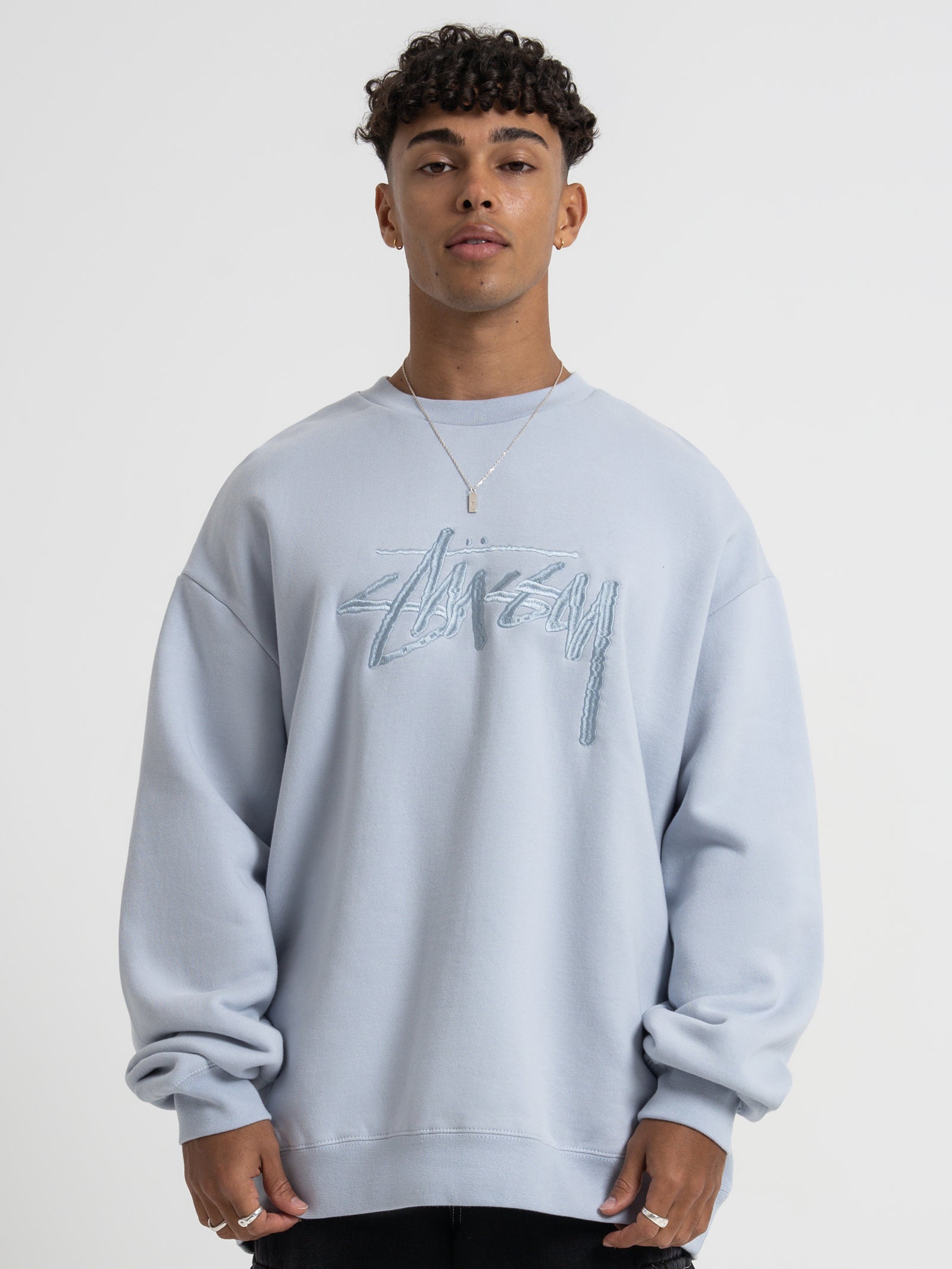 Solid Stock Embroidered Crew Sweater in Silver Blue - Glue Store