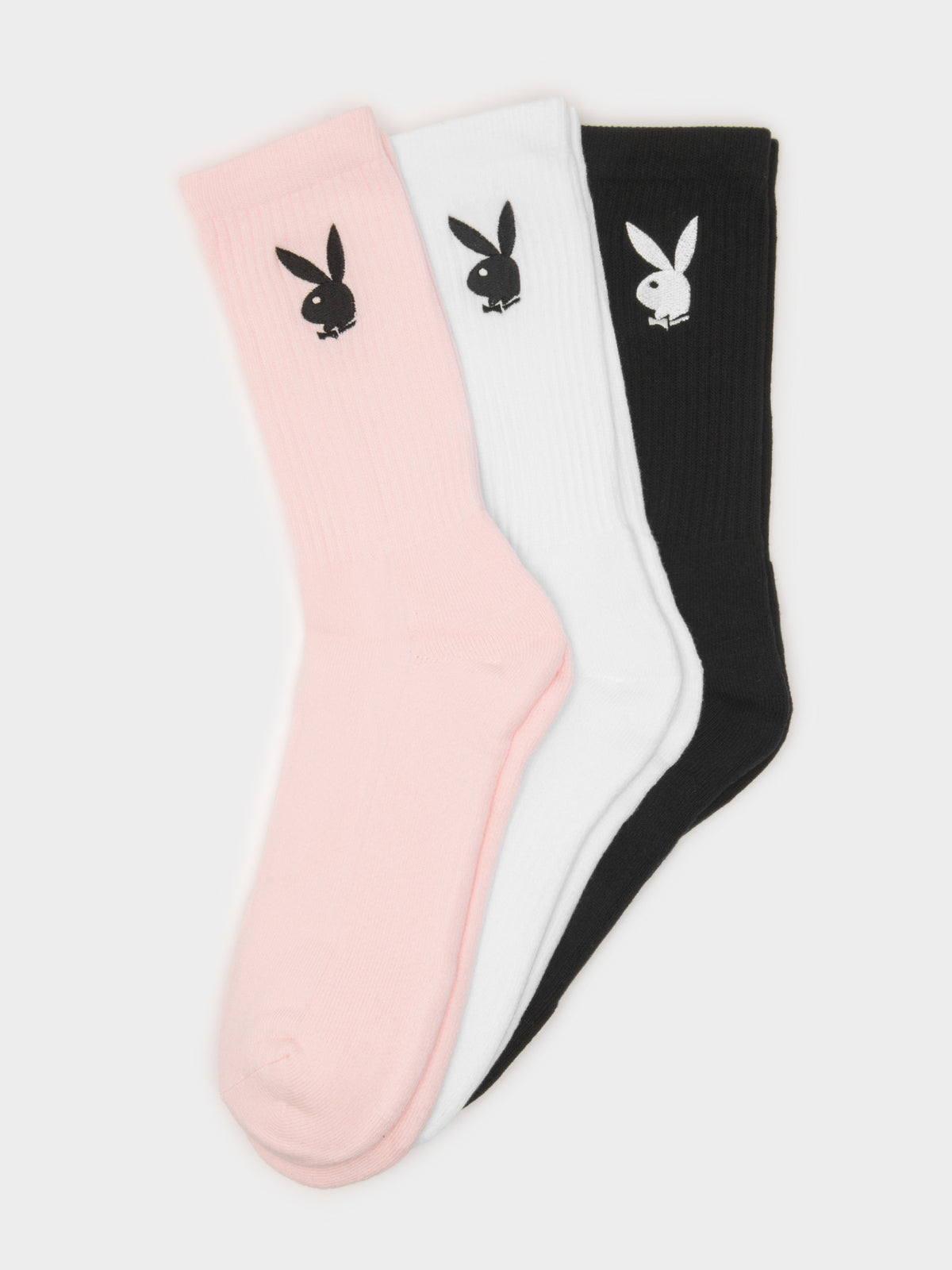3 Pairs of Bunny Crew Socks in Pink, White &amp; Black