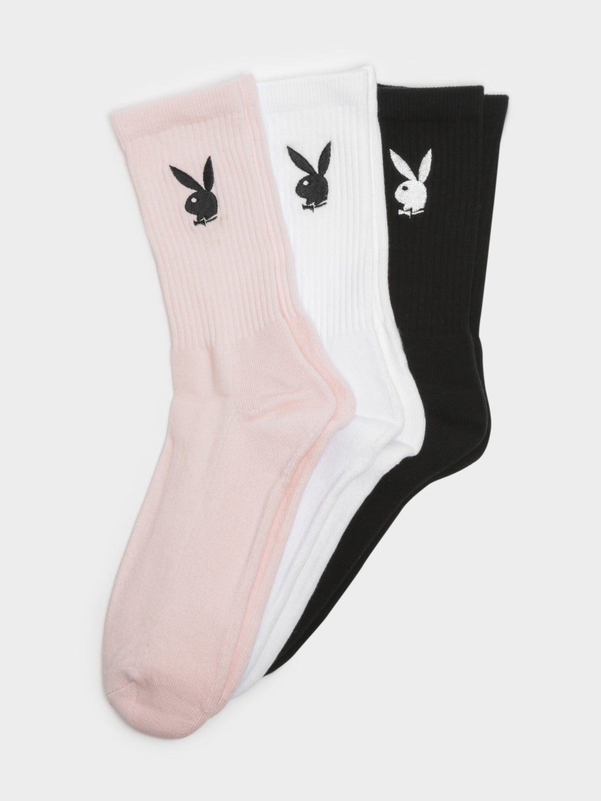 3 Pairs of Bunny Crew Socks in Black, White &amp; Pink