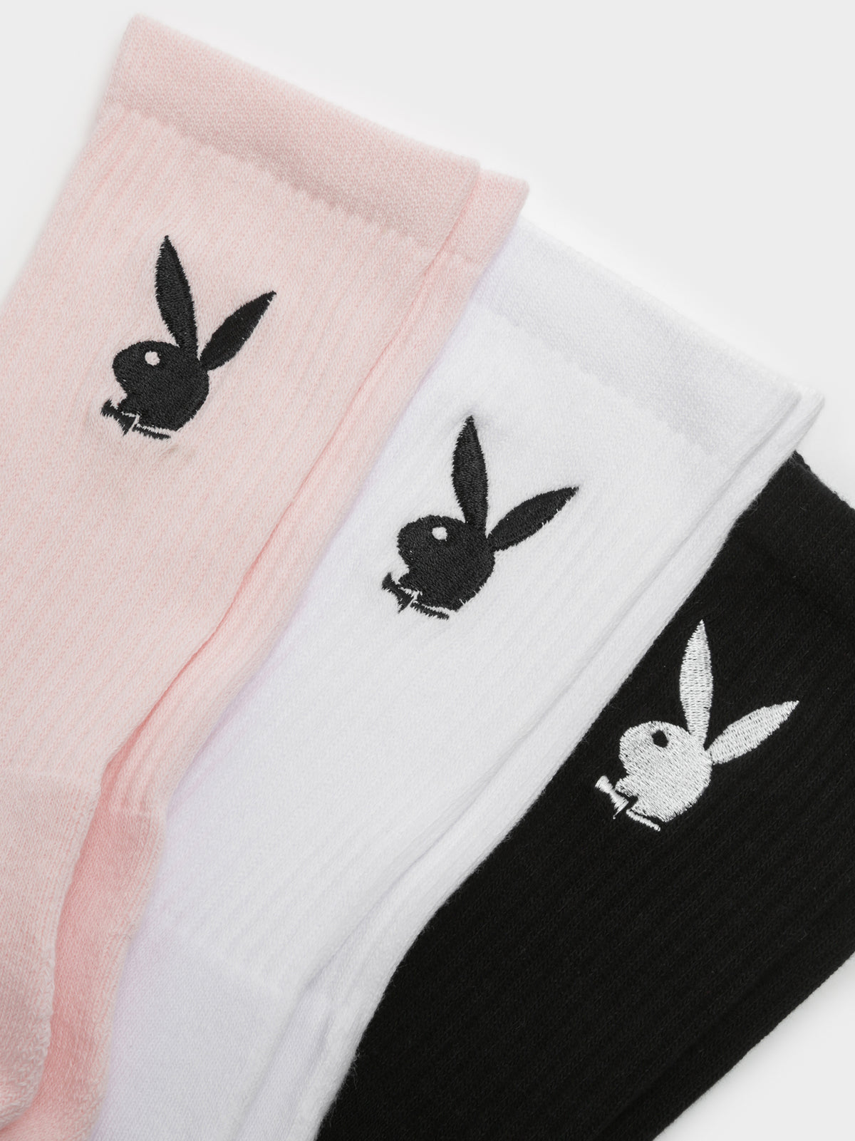 3 Pairs of Bunny Crew Socks in Black, White &amp; Pink