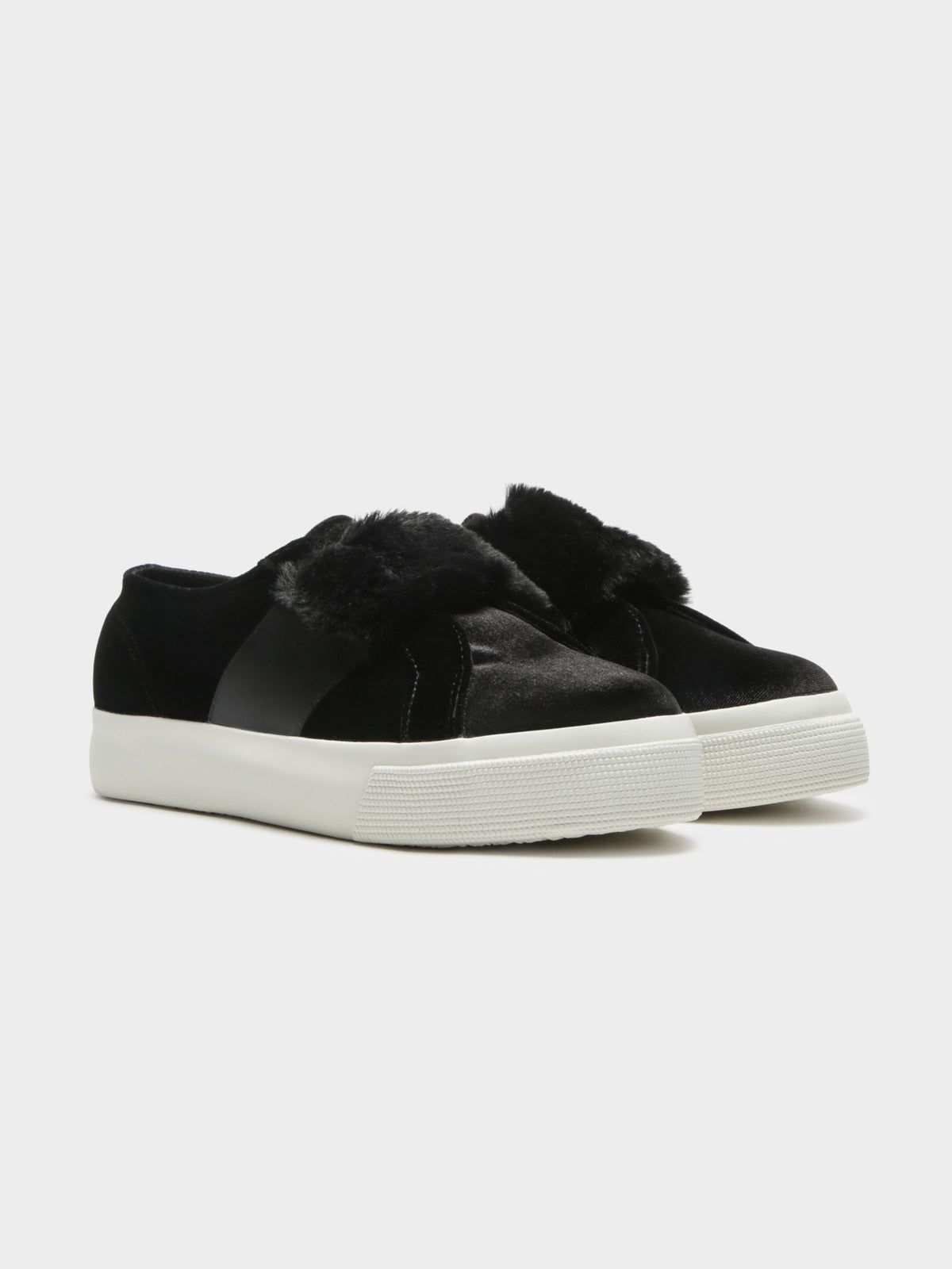 Womens 2399 Velvet Chenille Strap Eco Fur Sneakers in Black