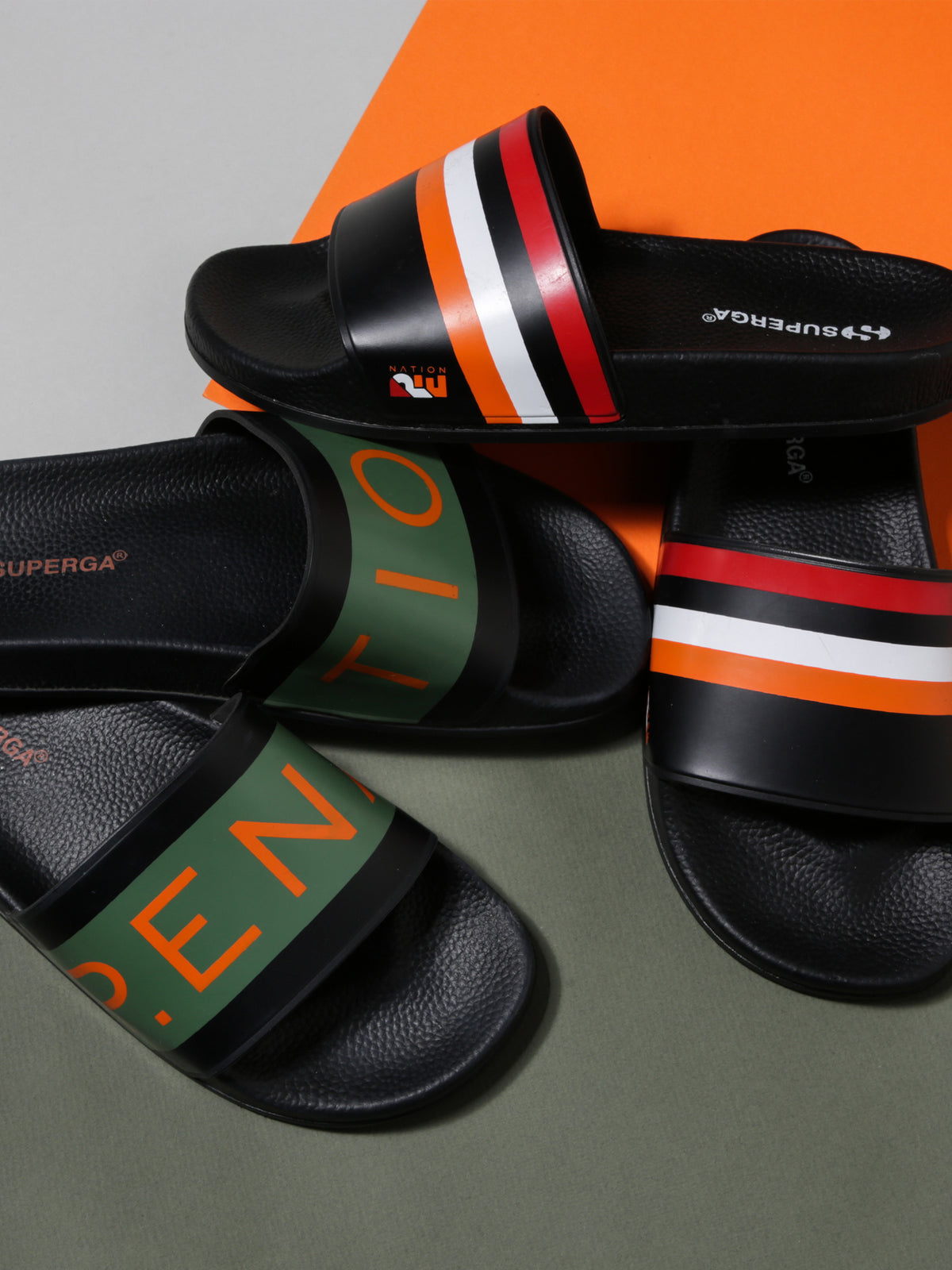 Superga Womens P.E. Nation 1908 Striped Slides | 902 - Black-RedWhtOrange