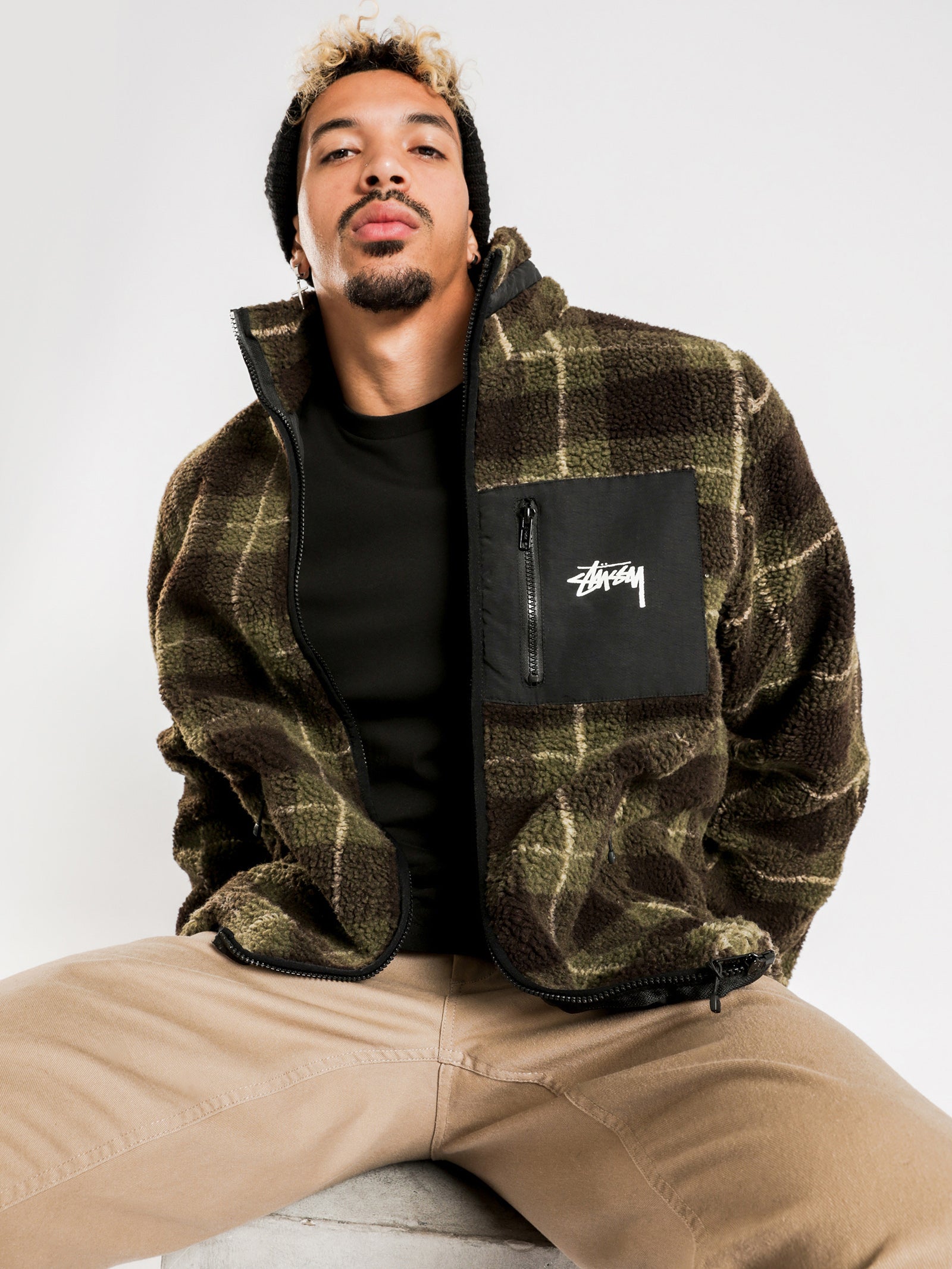 Stussy Southgate Sherpa Jacket Khaki Check | Glue Store Stussy Southgate Sherpa Jacket Khaki Check | Glue Store