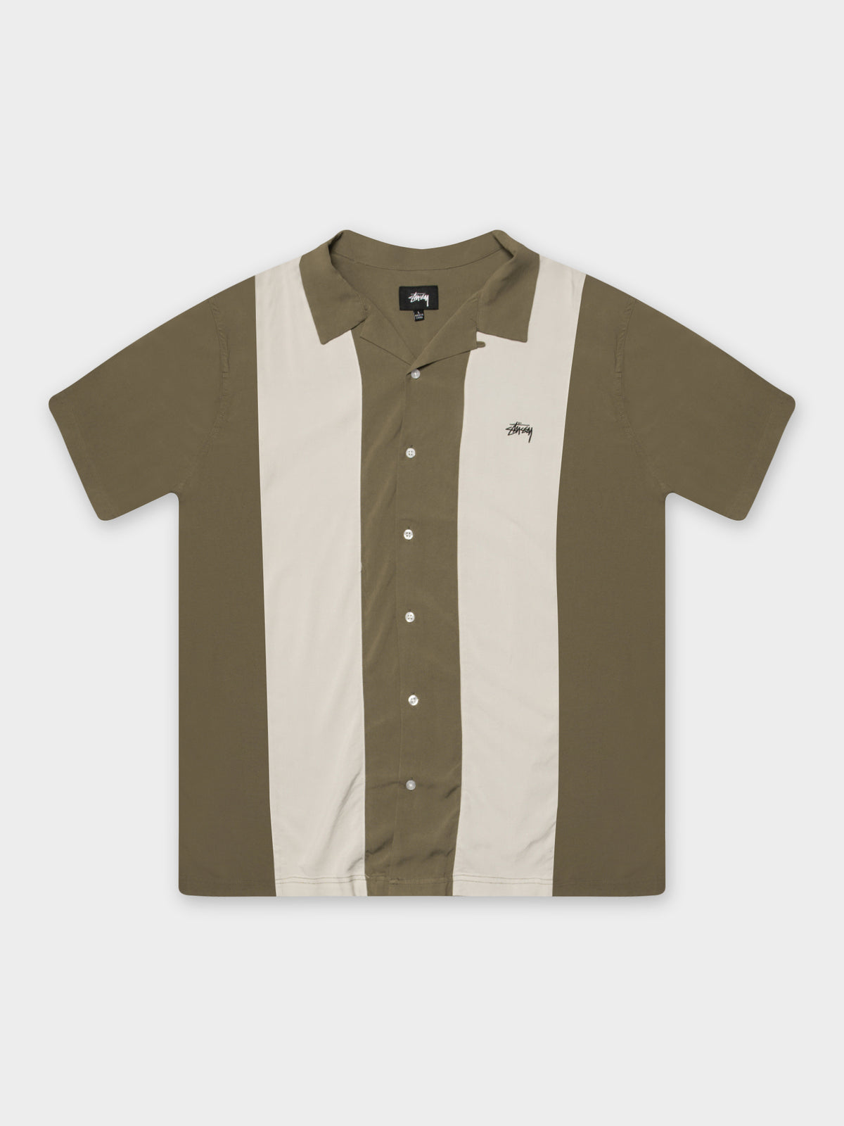 Stock Bowling Shirt in Dusty Khaki &amp; White Sand Stripes