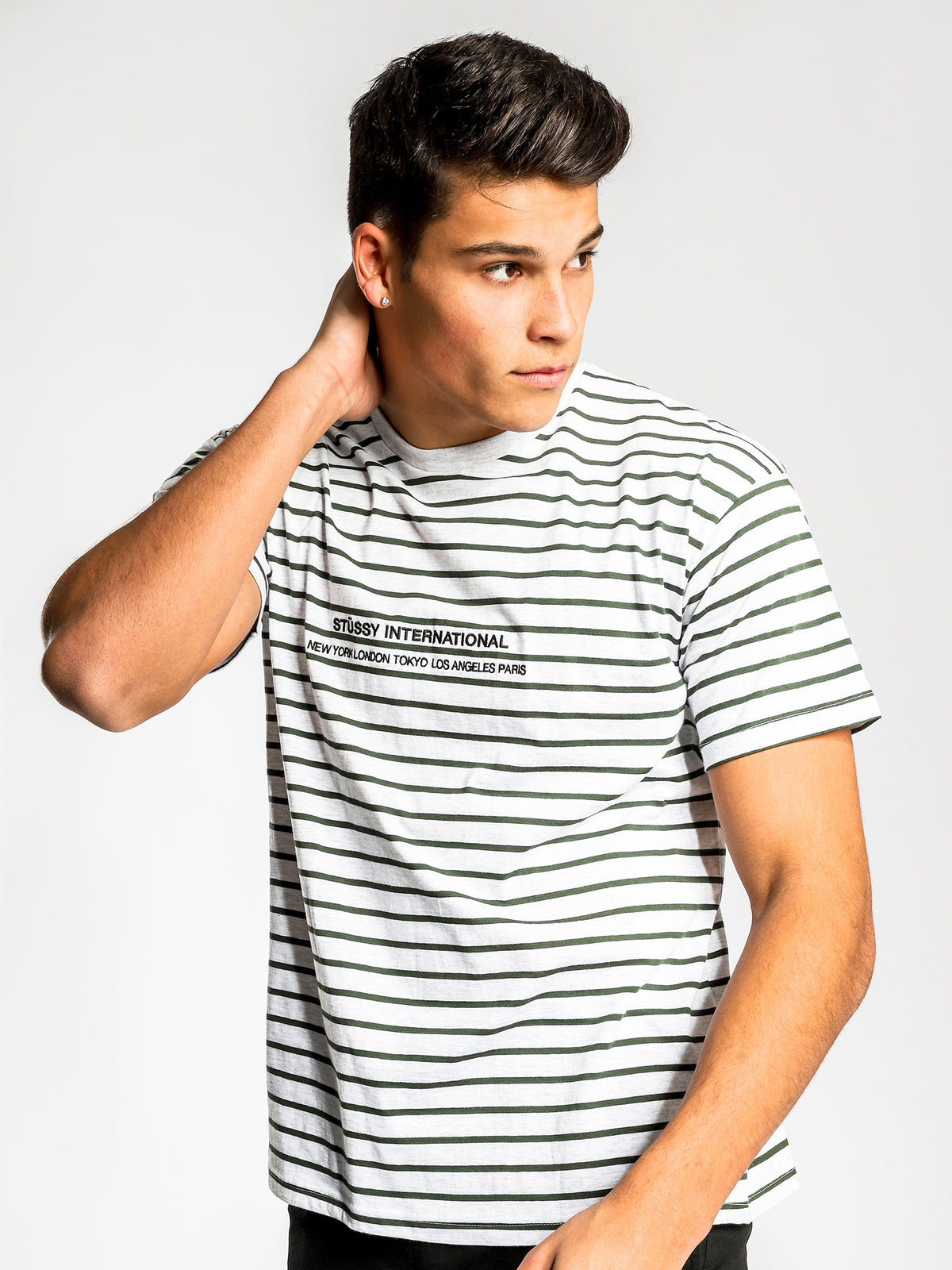 Bay YD Short Sleeve T-Shirt in Grey &amp; Dark Teal Stripe