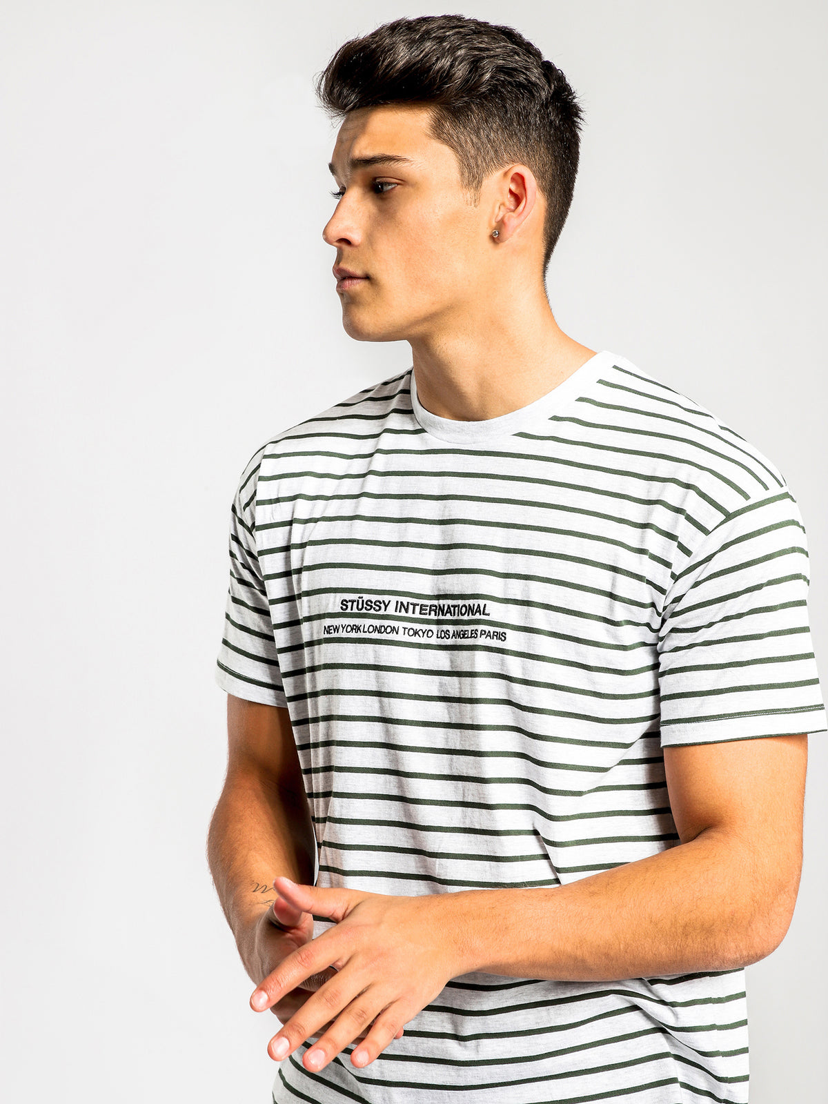 Bay YD Short Sleeve T-Shirt in Grey &amp; Dark Teal Stripe