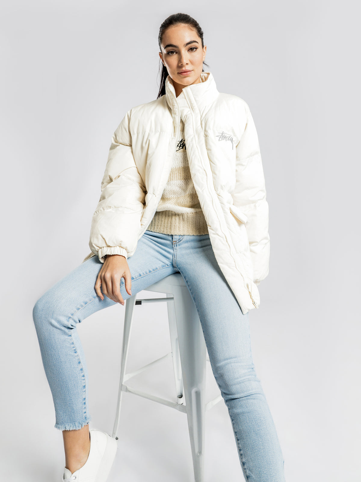 Stock Oversized Puffer Jacket in Off-White