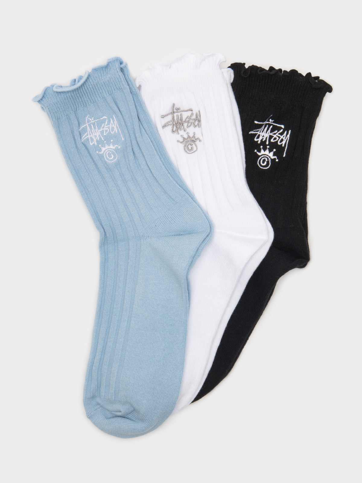 3 Pairs of Stussy Frill Socks in Black, Powder Blue &amp; White