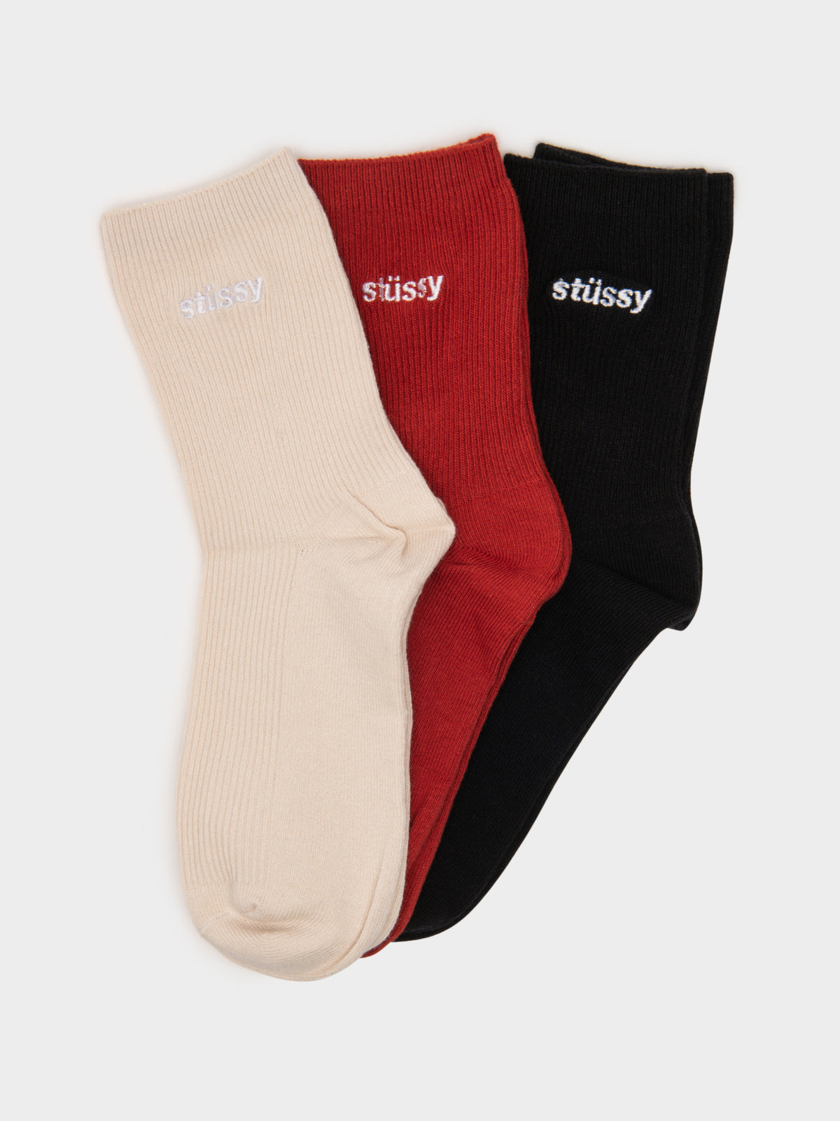 3 Pairs of Ribbed Socks in Red, Black &amp; Beige
