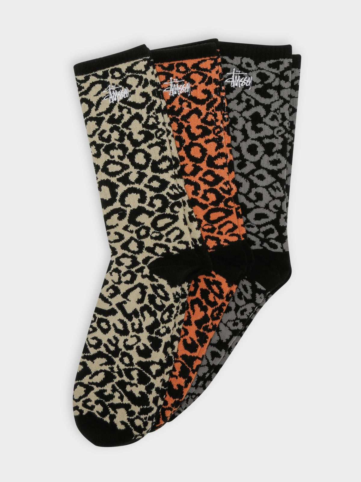 3 Pairs of Leopard Print Socks in Beige, Orange &amp; Grey