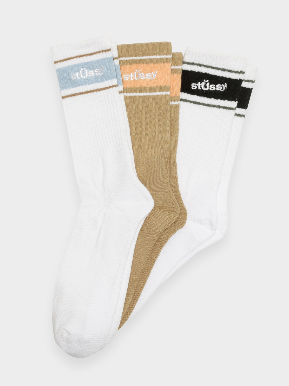 3 Pairs of Sport Crew Socks in White &amp; Brown