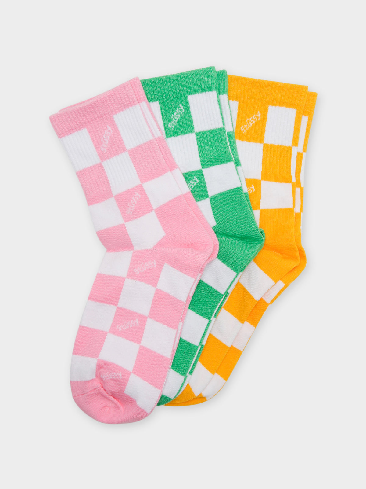 Three Pairs of Checked Socks in Pink, Green &amp; Yellow