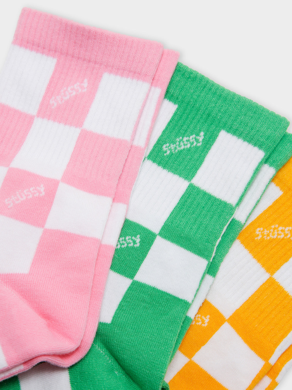 Three Pairs of Checked Socks in Pink, Green &amp; Yellow