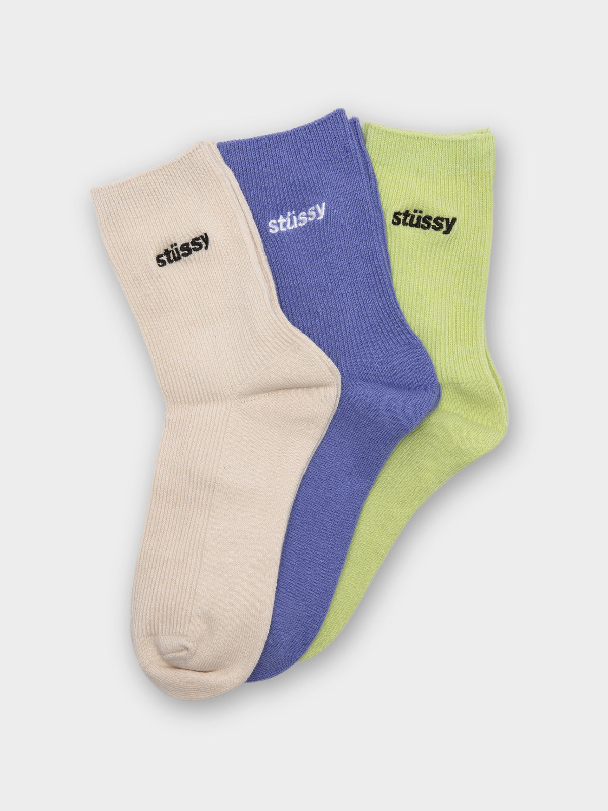 3 Pairs of Women&#39;s Ribbed Socks in Blue, Cream &amp; Green