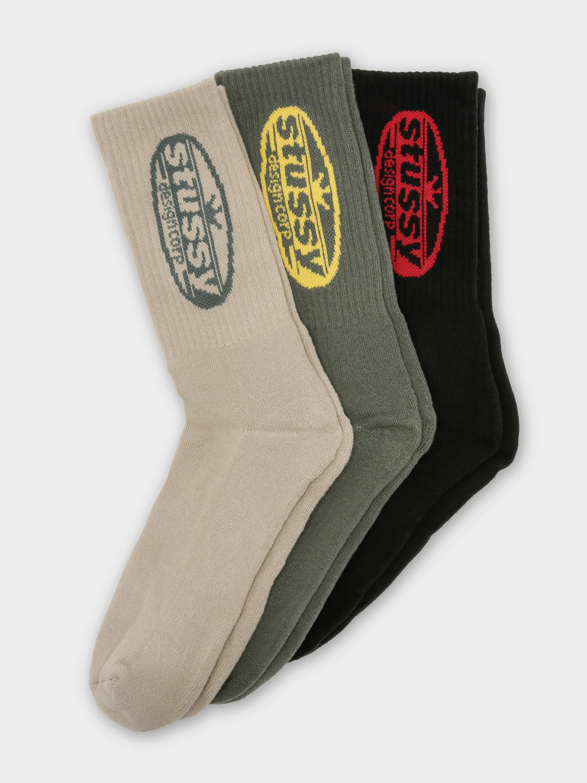 3 Pairs of Oval Corp Socks in Black, Green &amp; Beige
