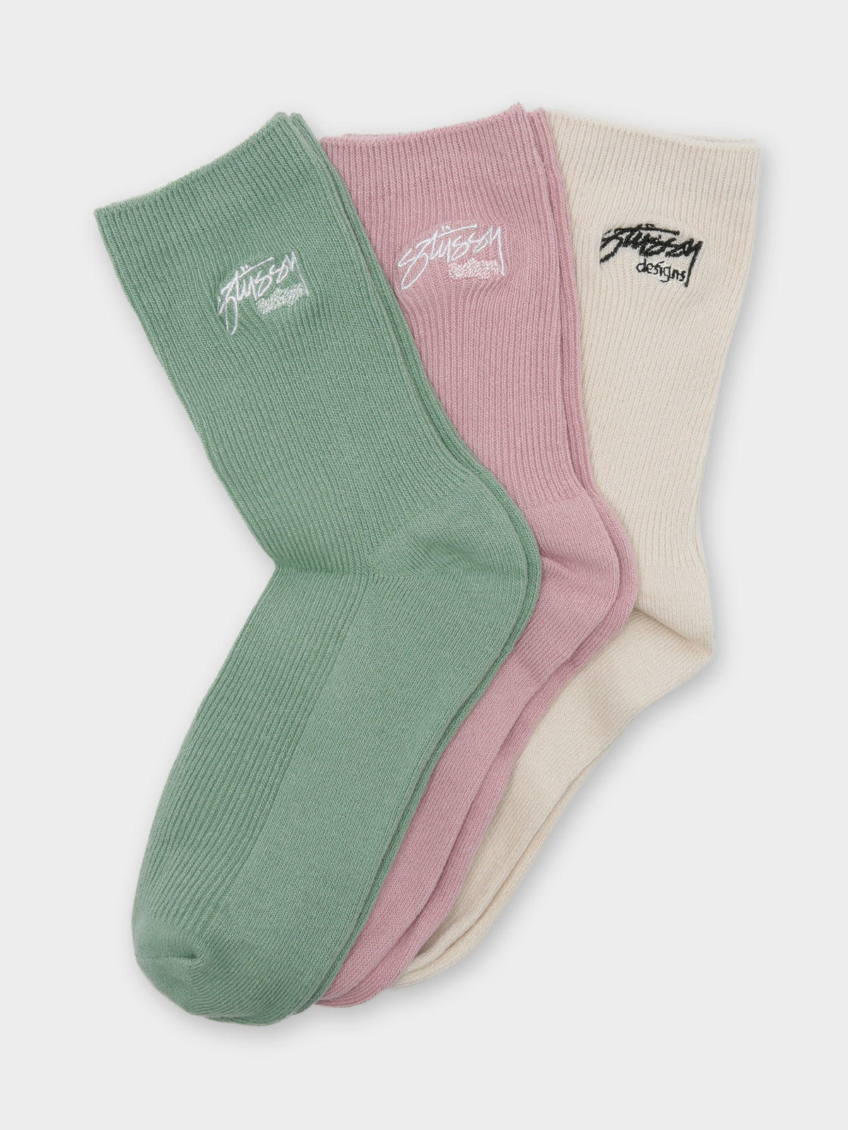 3 Pairs of Womens Design Rib Socks in Green, Pink &amp; Beige