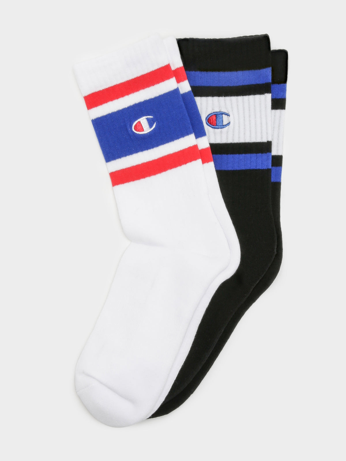 2 Pairs of Stripe Crew Socks in White &amp; Black