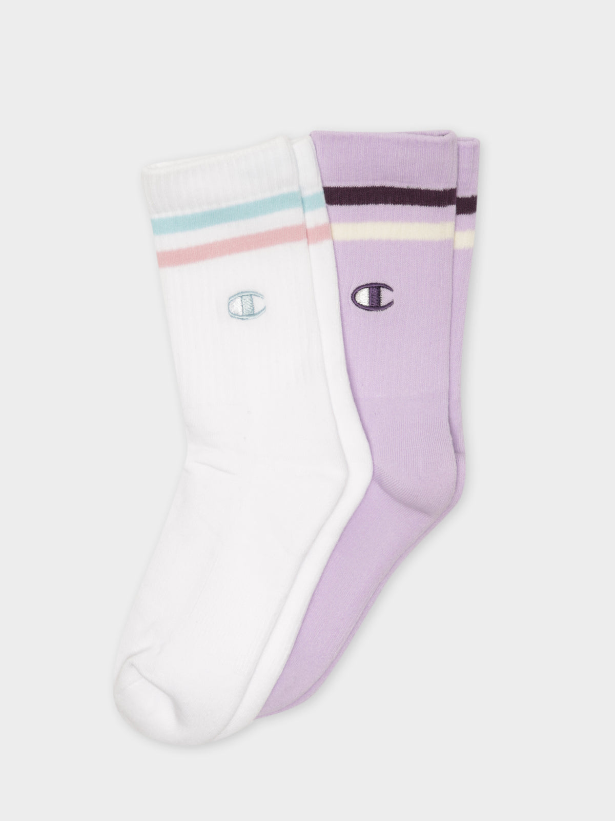 2 Pairs of Branded Crew Socks in White &amp; Purple