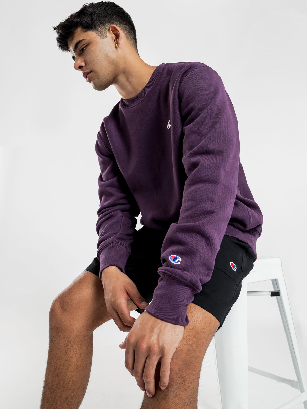 Reverse Weave Crew Sweater in Purple