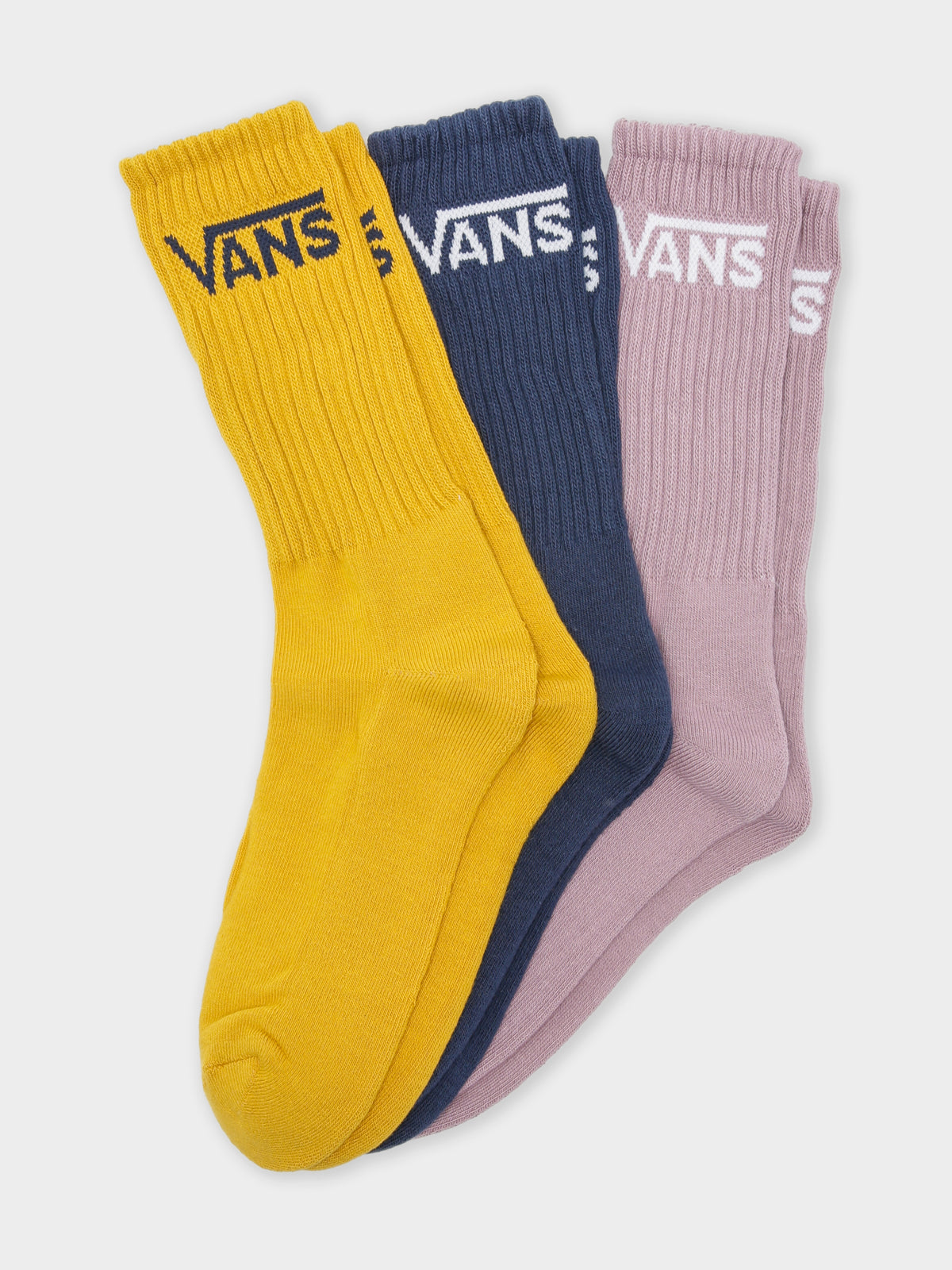 3 Pairs of Classic Crew Socks (Size 6.5-9) in Yellow, Black &amp; Purple