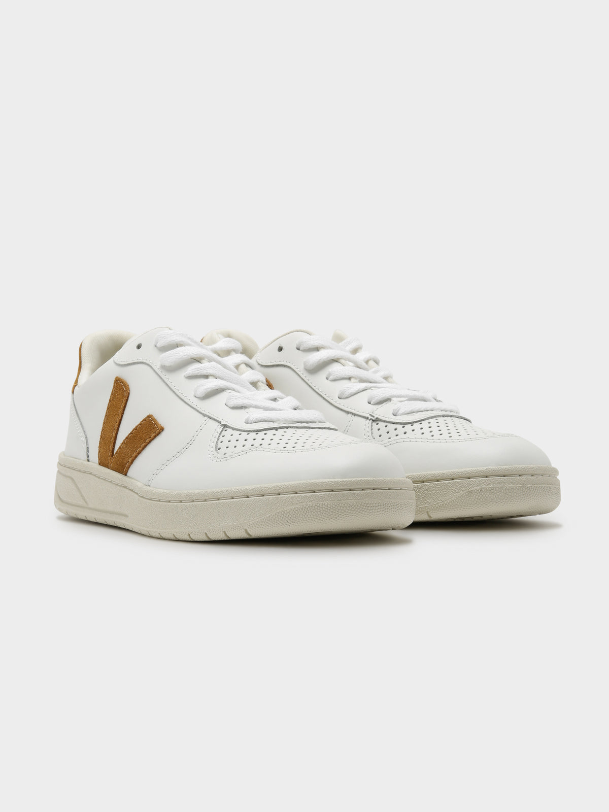 Unisex V-10 Leather Sneaker in White &amp; Brown