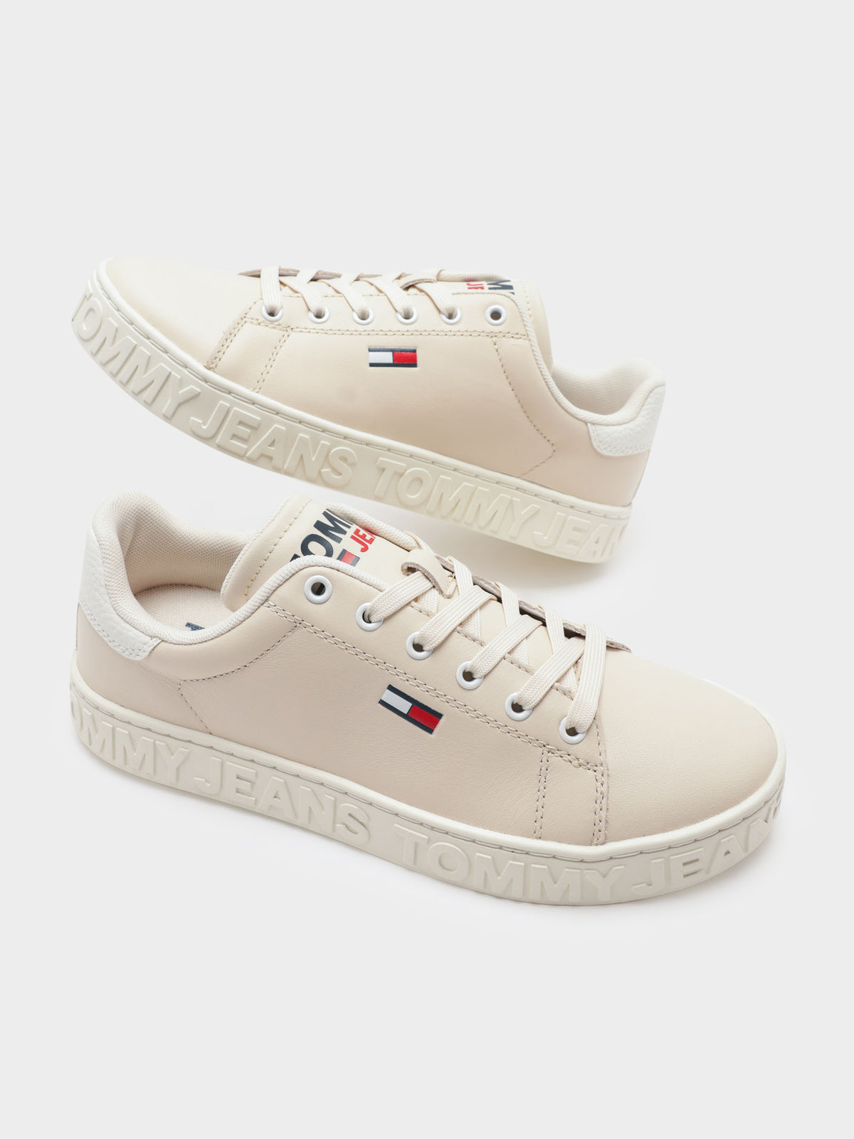 Womens Logo Leather Cupsole Sneakers in Sugarcane Beige