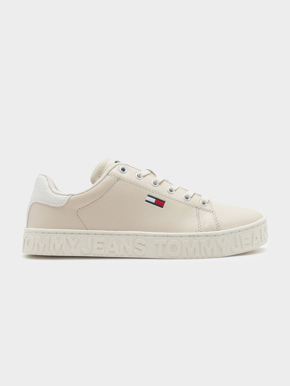 Womens Logo Leather Cupsole Sneakers in Sugarcane Beige