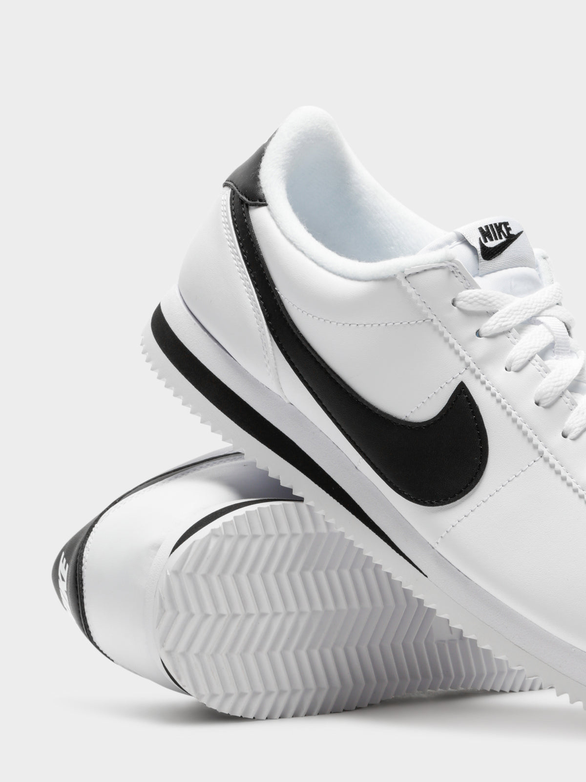 Mens Basic Cortez Sneakers in White &amp; Black Leather